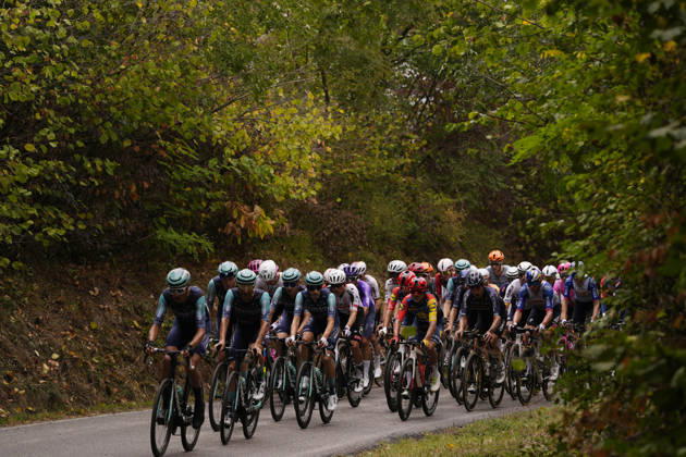 The pack rides during the 110th edition of the Gran Piemonte 2026 a 185 km one day race from Asti to Bra on October 08, 2026, Italy.  Copyright: xFabioxFerrari LaPressex