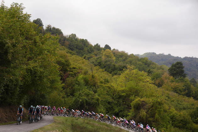 The pack rides during the 110th edition of the Gran Piemonte 2026 a 185 km one day race from Asti to Bra on October 08, 2026, Italy.  Copyright: xFabioxFerrari LaPressex
