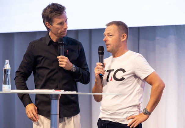 ALPINE SKIING - Atomic Media Day 2026 ALTENMARKT,AUSTRIA,08.OCT.26 - ALPINE SKIING - Atomic Media Day. Image shows presenter Christian Brugger and Juergen Graller (Atomic).  GEPAxpictures xHaraldxSteiner