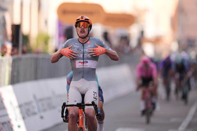 France s Dorian Godon of Netcompany INEOS winner of the race on the finish line during the 110th edition of the Gran Piemonte 2026 a 185 km one day race from Asti to Bra on October 08, 2026, Italy. Copyright: xMarcoxAlpozzi LaPressex