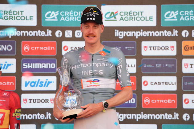 France s Dorian Godon of Netcompany INEOS winner of the race on the podium after the 110th edition of the Gran Piemonte 2026 a 185 km one day race from Asti to Bra on October 08, 2026, Italy. Copyright: xMarcoxAlpozzi LaPressex