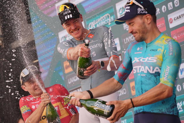 On the podium from left second place Denmark s Anthon Charmig of Uno-X Mobility,centrum France s Dorian Godon of Netcompany INEOS winner of the race, on the right third place Italy s Alberto Bettiol of XDS Astana Team after the 110th edition of the Gran Piemonte 2026 a 185 km one day race from Asti to Bra on October 08, 2026, Italy.  Copyright: xMarcoxAlpozzi LaPressex