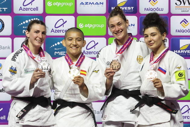 AZERBAIJAN, BAKU - OCTOBER 8, 2026: 2nd placed Giovanna Scoccimarro of Germany, 1st placed Ai Tsunoda Roustant of Spain, 3rd placed Michaela Polleres of Austria and Madina Taimazova (L-R) of Russia pose during an award ceremony for the women s -70 kg category during the 2026 World Judo Championships at the National Gymnastics Arena 2026 World Judo Championships In Baku  - ZUMAt113 20261008_zaa_t113_528 Copyright: xMikhailxSinitsynx