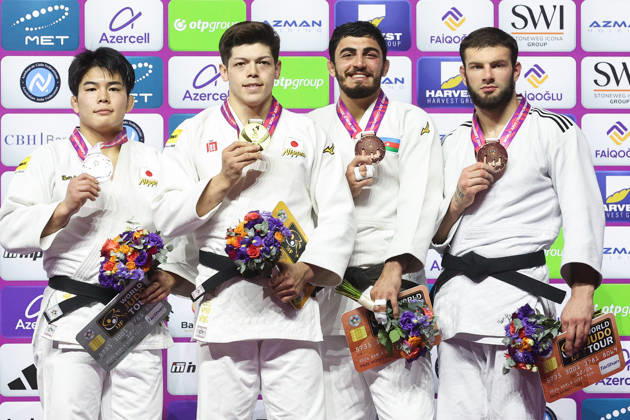 AZERBAIJAN, BAKU - OCTOBER 8, 2026: 2nd placed Goki Tajima of Japan, 1st placed Sanshiro Murao of Japan, 3rd placed Murad Fatiyev of Azerbaijan and Boris Rutovic (L-R) of Serbia pose during an award ceremony for the men s -90 kg category as part of the 2026 World Judo Championships at the National Gymnastics Arena. Mikhail Sinitsyn TASS  98956879