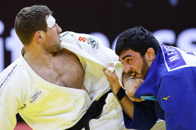 AZERBAIJAN, BAKU - OCTOBER 8, 2026: Murad Fatiyev (R) of Azerbaijan and Nemanja Majdov of Serbia compete in their -90 kg bout as part of the 2026 World Judo Championships at the National Gymnastics Arena. Mikhail Sinitsyn TASS 98958130