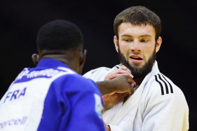 AZERBAIJAN, BAKU - OCTOBER 8, 2026: Maxime-Gael Ngayap Hambou (L) of France and Boris Rutovic of Serbia compete in their -90 kg bout as part of the 2026 World Judo Championships at the National Gymnastics Arena. Mikhail Sinitsyn TASS  98958547