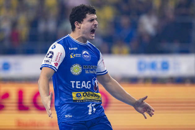 Goal scorer Gian Attenhofer (ThSV, 11), a player for ThSV Eisenach, celebrates a goal, celebration, cheering, goal celebration, goal scored, celebrate the goal, goal, celebration, celebrating the goal, joy, happiness, happy, optimistic, positive, game scene, highlight, still image, single photo, action, October 8, 2026, Mannheim, Germany, handball, Bundesliga, Rhein-Neckar Löwen vs. ThSV Eisenach xozx