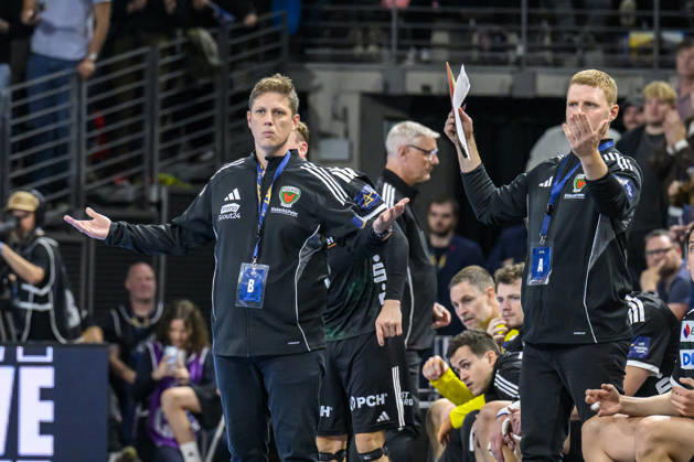 Pictured from left: Nicolej Krickau, looking sad, depressed, and angry; Maximilian Rinderle, Co-Coach of Füchse Berlin, GER, Berlin, handball, Füchse Berlin vs. FC Porto, EHF Champions League, Matchday 3 of Group A, at the Max Schmeling Halle, Am Falkplatz 1, October 8, 2026, Copyright: HMBxMedia UwexKoch