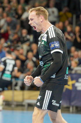 Pictured: Mathias Gidsel, Fuechse Berlin, 19, goal, score, celebration, goal celebration, joy, excitement, celebrating, cheering, October 8, 2026, Fuechse Berlin vs. FC Porto, EHF Handball Champions League, 2026–27 season, Max Schmeling Hall, October 8, 2026, Fuechse Berlin vs. FC Porto, EHF Handball Champions League, 2026–27 season, Max Schmeling Hall Copyright: HMBxMedia xPascalxSpanehl