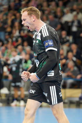 Pictured: Mathias Gidsel of Fuechse Berlin, 19, goal, score, celebration, goal celebration, joy, excitement, celebrating, cheering, October 8, 2026, Fuechse Berlin vs. FC Porto, EHF Handball Champions League, 2026–27 season, Max Schmeling Halle Copyright: HMBxMedia xPascalxSpanehl