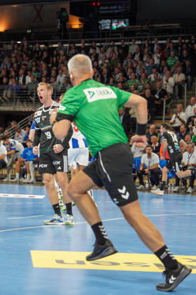 Pictured: Mathias Gidsel of Fuechse Berlin, 19, goal, score, celebration, goal celebration, joy, excitement, celebrating, cheering, October 8, 2026, Fuechse Berlin vs. FC Porto, EHF Handball Champions League, 2026–27 season, Max Schmeling Halle Copyright: HMBxMedia xPascalxSpanehl