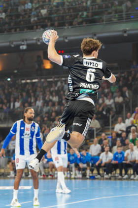 Pictured: Leo Prantner of the Berlin Foxes, No. 6, taking a shot on goal on October 8, 2026; Berlin Foxes vs. FC Porto, EHF Handball Champions League, 2026–27 season, Max Schmeling Hall Copyright: HMBxMedia xPascalxSpanehl
