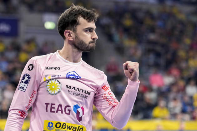 Matija Spikic, Goalie, ThSV, 1, Single Frame, Single Photo, Action, Celebration, Cheering, Celebrates, Joy, Happy, Confident, Optimistic, Positive, Game Scene, October 8, 2026, Mannheim, Germany, handball, Bundesliga, Rhein-Neckar Löwen vs. ThSV Eisenach xozx