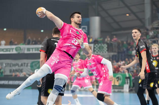 Handball, HBL2: SC DHfK Leipzig vs. TuS N Lübbecke, October 8, 2026; Luka Rogan 33, SC DHfK Leipzig scores; Handball, 2nd Bundesliga, 2026–2027 season, Matchday 7: SC DHfK Leipzig vs. TuS N Lübbecke on October 8, 2026, at the Quarterback Immobilien Arena Leipzig Copyright: xBEAUTIFULxSPORTS JanxKaeferx