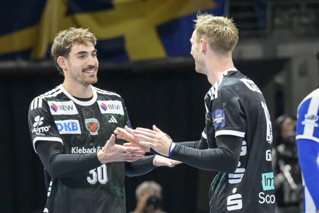 In the photo, from left: Aymeric Zaepfel, Füchse Berlin, 30; Mathias Gidsel, Füchse Berlin, 19; goal, score, celebration, goal celebration, joy, excitement, celebrating, victory, GER, Berlin, handball, Füchse Berlin vs. FC Porto, EHF Champions League, Matchday 3 of Group A, at the Max Schmeling Halle, Am Falkplatz 1, October 8, 2026, Copyright: HMBxMedia UwexKoch