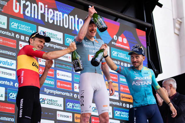 110th Gran Piemonte - Finish The podium of the 110th Gran Piemonte, a 181km stage from Asti to Bra, in Italy, on October 8, 2026; from left Anthon Charmig of Uno-X Mobility, Dorian Godon of Netcompany Ineos and Alberto Bettiol of XDS Astana Team Bra Italy Copyright: xTommasoxBerardix originalFilename:berardi-110thgra261008_np5Fu