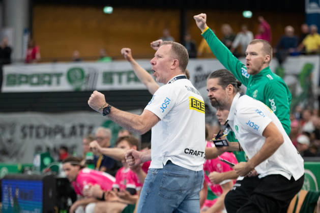 Handball, HBL2: SC DHfK Leipzig vs. TuS N Lübbecke, October 8, 2026—Head Coach Frank Carstens of SC DHfK Leipzig celebrates with a victory fist pump. Handball, 2nd Bundesliga, 2026–2027 season, Matchday 7: SC DHfK Leipzig vs. TuS N Lübbecke on October 8, 2026, at the Quarterback Immobilien Arena Leipzig Copyright: xBEAUTIFULxSPORTS JanxKaeferx