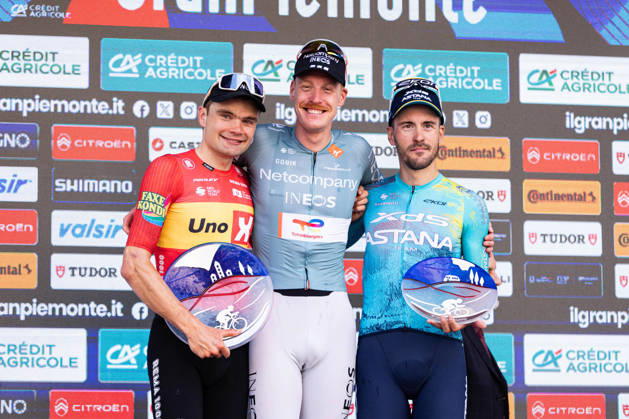 110th Gran Piemonte - Finish The podium of the 110th Gran Piemonte, a 181km stage from Asti to Bra, in Italy, on October 8, 2026; from left Anthon Charmig of Uno-X Mobility, Dorian Godon of Netcompany Ineos and Alberto Bettiol of XDS Astana Team Bra Italy  Copyright: xTommasoxBerardix originalFilename:berardi-110thgra261008_npvyv