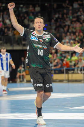 Pictured: Aitor Arino of Fuechse Berlin, 14, goal, score, celebration, goal celebration, joy, excitement, celebrating, cheering, October 8, 2026, Fuechse Berlin vs. FC Porto, EHF Handball Champions League, 2026–27 season, Max Schmeling Hall Copyright: HMBxMedia xPascalxSpanehl