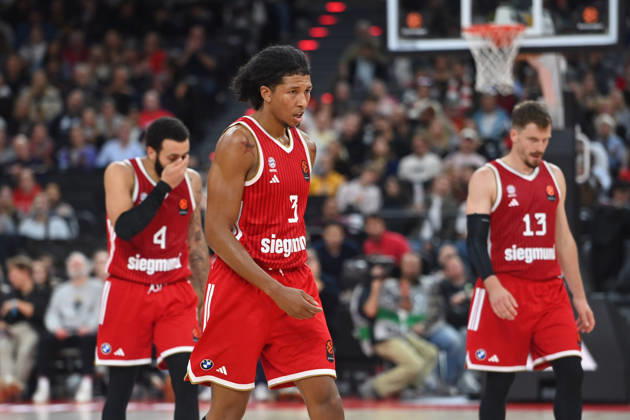 MarJon BEAUCHAMP FCB, hi Duane WASHINGTON JR FCB, hi Andreas OBST FCB, disappointment, frustration, disappointed, frustrated, dejected, EuroLeague Basketball, 2026–2027 season, FC Bayern Munich vs. Virtus Bologna on October 8, 2026, S A P G A R D EN