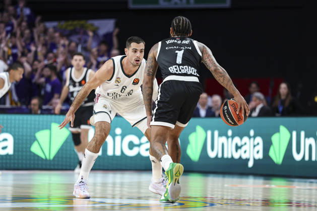 October 8, 2026, Madrid, Madrid, Spain: Alberto Abalde of Real Madrid and Carlik Jones of Partizan Mozzart Bet Belgrade in action during the Euroleague Basketball Regular Season Round 4 game between Real Madrid v Partizan Mozzart Bet Belgrade at Movistar Arena on October 08, 2026 in Madrid, Spain. Real Madrid V Partizan Mozzart Bet Belgrade - Euroleague 2025 2026  - ZUMAa181 20261008_zaa_a181_218 Copyright: xIrinaxR.xHipolitox