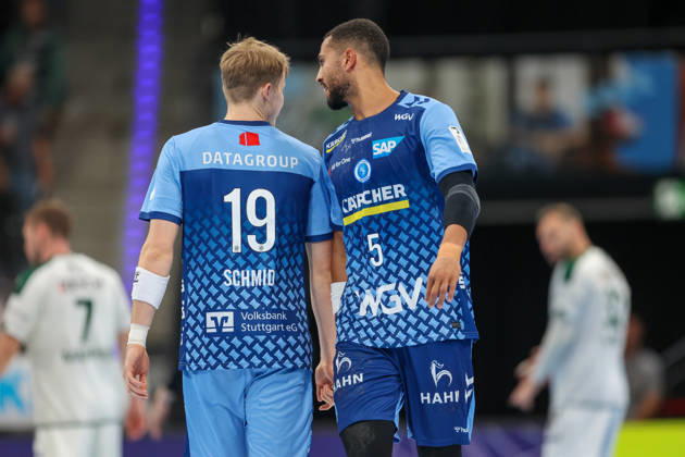 Linus Schmid (TVB Stuttgart), 19, and Philipp Ahouansou (TVB Stuttgart), 5, in conversation GER, TVB Stuttgart vs. HSG Wetzlar, Handball, Opel Handball Bundesliga, Matchday 8, 2026–2027 season, October 8, 2026 GER, TVB Stuttgart vs. HSG Wetzlar, Handball, Opel Handball Bundesliga, Matchday 8, 2026–2027 season, October 8, 2026 Stuttgart Copyright: xEibner-Pressefoto SoerenxHerwegx EP_SHG
