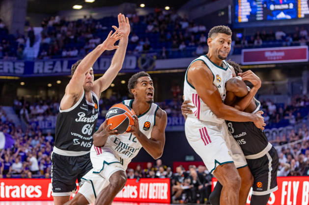 ESP EuroLeague: Real Madrid vs. Partizan Belgrade — Theo Maledon of Real Madrid during the EuroLeague game between Real Madrid and Partizan Mozzart Bet Belgrade, played at Movistar Arena on October 8, 2026, in Madrid, Spain — Madrid, Spain — Basketball Copyright: xAlbaxPachecox xAgenciaxLOFx