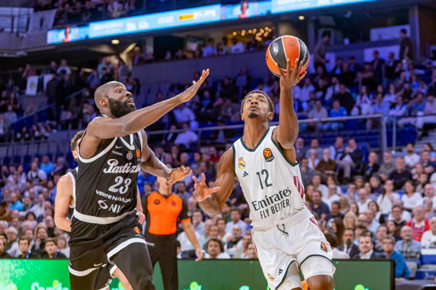 ESP EuroLeague: Real Madrid vs. Partizan Belgrade — Theo Maledon of Real Madrid during the EuroLeague game between Real Madrid and Partizan Mozzart Bet Belgrade, played at Movistar Arena on October 8, 2026, in Madrid, Spain — Madrid, Spain — Basketball Copyright: xAlbaxPachecox xAgenciaxLOFx