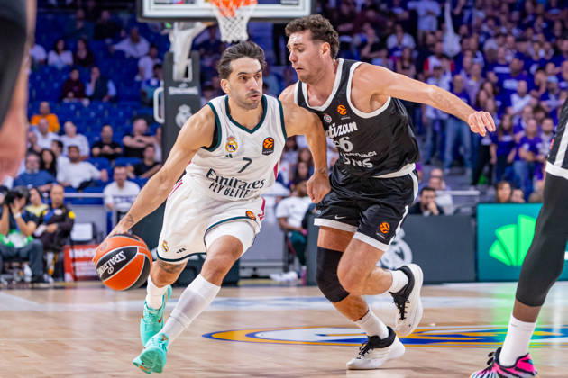 ESP Euroleague: Real Madrid vs. Partizan Belgrade. Facundo Campazzo of Real Madrid and Alesandro Pajola of Partizan during the Euroleague game between Real Madrid and Partizan Mozzart Bet Belgrade, played at Movistar Arena on October 8, 2026, in Madrid, Spain. Madrid, Spain. Basketball Copyright: xAlbaxPachecox xAgenciaxLOFx
