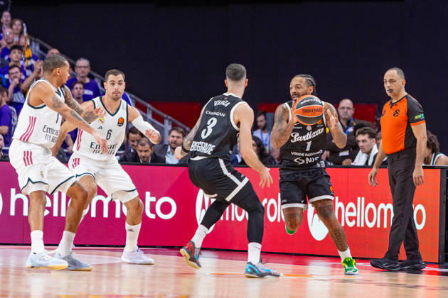ESP Euroleague: Real Madrid vs. Partizan Belgrade. Carlik Jones of Partizan during the Euroleague game between Real Madrid and Partizan Mozzart Bet Belgrade, played at Movistar Arena Stadium on October 8, 2026, in Madrid, Spain. Madrid, Spain. Basketball Copyright: xAlbaxPachecox xAgenciaxLOFx