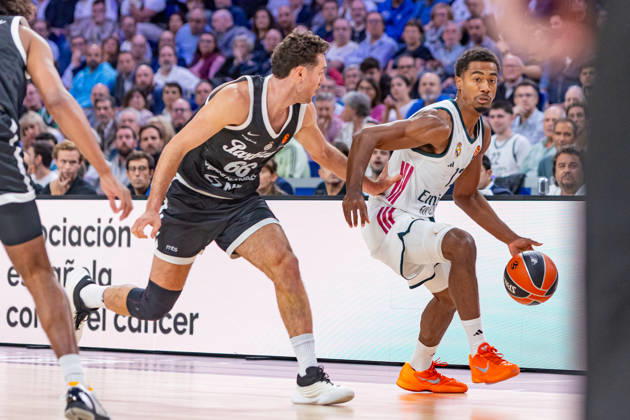 ESP EuroLeague: Real Madrid vs. Partizan Belgrade — Alesandro Pajola of Partizan and Theo Maledon of Real Madrid during the EuroLeague game between Real Madrid and Partizan Mozzart Bet Belgrade, played at Movistar Arena on October 8, 2026, in Madrid, Spain. Madrid, Spain. Basketball Copyright: xAlbaxPachecox xAgenciaxLOFx