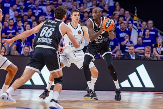 ESP Euroleague: Real Madrid vs. Partizan Belgrade. Bandja Sy of Partizan during the Euroleague game between Real Madrid and Partizan Mozzart Bet Belgrade, played at Movistar Arena Stadium on October 8, 2026, in Madrid, Spain. Madrid, Spain. Basketball Copyright: xAlbaxPachecox xAgenciaxLOFx