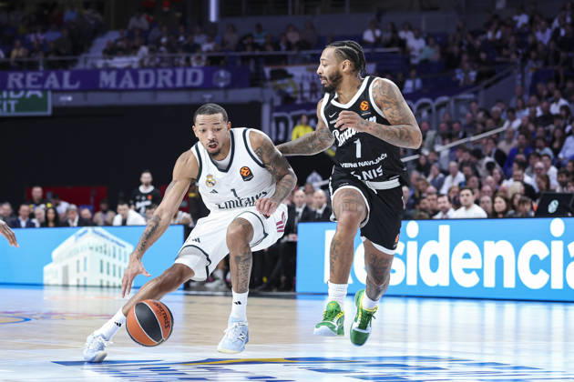October 8, 2026, Madrid, Madrid, Spain: Nick Smith Jr. of Real Madrid and Carlik Jones of Partizan Mozzart Bet Belgrade in action during the Euroleague Basketball Regular Season Round 4 game between Real Madrid v Partizan Mozzart Bet Belgrade at Movistar Arena on October 08, 2026 in Madrid, Spain. Real Madrid V Partizan Mozzart Bet Belgrade - Euroleague 2025 2026  - ZUMAa181 20261008_zaa_a181_239 Copyright: xIrinaxR.xHipolitox