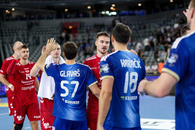 HC Zagreb v Aalborg Handbold - EHF Champions League Men Group Phase - Group C ZAGREB, CROATIA - OCTOBER 8: Juri Knorr and Lukas Nilsson of aalborg Handbold during the EHF Champions League match between HC Zagreb and Aalborg Handbold at Arena Zagreb on October 8, 2026 in Zagreb, Croatia.  IgorxKralj PIXSELL