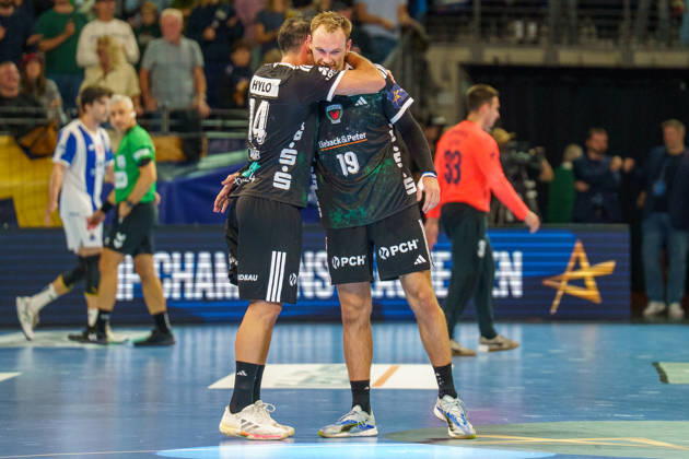 Pictured: Mathias Gidsel (Fuechse Berlin), 19; Aitor Arino (Fuechse Berlin), 14; celebration and joy after the game on October 8, 2026; Fuechse Berlin vs. FC Porto, EHF Handball Champions League, 2026–27 season, Max Schmeling Hall Copyright: HMBxMedia xPascalxSpanehl