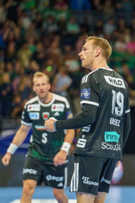 Pictured: Mathias Gidsel of Fuechse Berlin, 19, goal, score, celebration, goal celebration, joy, enthusiasm, celebrating, cheering, October 8, 2026, Fuechse Berlin vs. FC Porto, EHF Handball Champions League, 2026–27 season, Max Schmeling Halle Copyright: HMBxMedia xPascalxSpanehl