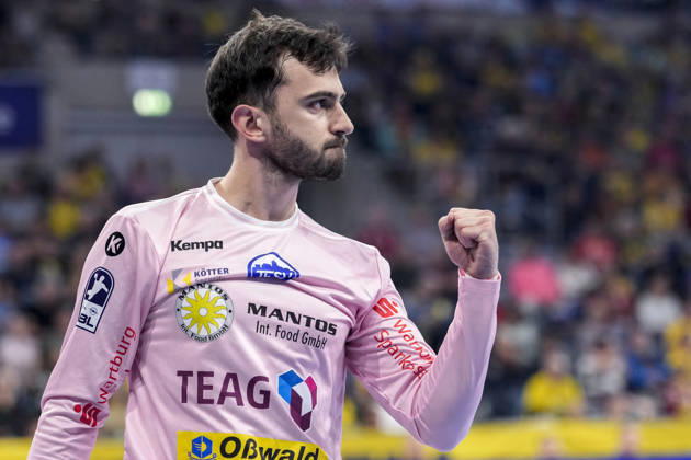 Matija Spikic, goalkeeper, ThSV, 1, single image, single photo, action, ThSV Eisenach player, celebration, celebrating, celebrates, joy, happy, happy to, confident, optimistic, positive, game scene, October 8, 2026, Mannheim, Germany, handball, Bundesliga, Rhein-Neckar Löwen vs. ThSV Eisenach xozx