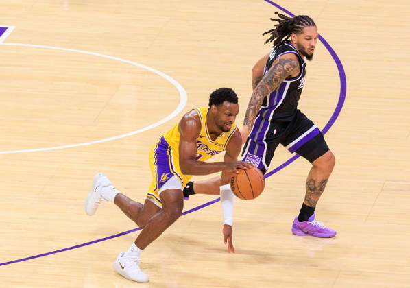 October 8, 2026, Los Angeles, California, USA: Bronny James 9 of the Los Angeles Lakers tries to drive past Emanuel Sharp 34 of the Sacramento Kings during a preseason NBA, Basketball Herren, USA game on Thursday October 8, 2026 at Crypto.com Arena in Los Angeles, California. JAVIER ROJAS PI Lakers Vs. Kings  - ZUMAp124 20261008_zaa_p124_011 Copyright: xJavierxRojasx