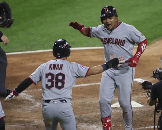 October 8, 2026, Chicago, Illinois, USA: The Cleveland Guardians JOSE RAMIREZ celebrates his two-run home run in the fifth inning against the Chicago White Sox in Game 4 of the American League Division Series at Rate Field in Chicago. MLB, Baseball Herren, USA 2026: ALDS Game 4: Guardians 9:5 White Sox - ZUMAm67_ 20261008_zaf_m67_007 Copyright: xBrianxCassellax