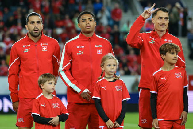 LUCERNE, SWITZERLAND - OCTOBER 06: Ricardo Rodriguez Araya (13, Switzerland, l.), Sascha Britschgi (2, Switzerland) and Vincent Sierro (6, Switzerland) during the UEFA Nations League match between Switzerland and North Macedonia at thermoplan arena on October 6, 2026 in Lucerne, Switzerland. Copyright: xUrsxOttigerx xSPPx Sportspressphoto_SPR249352