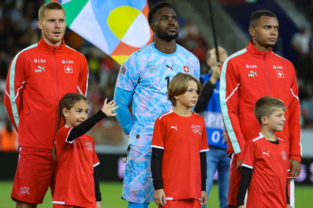 LUCERNE, SWITZERLAND - OCTOBER 06: Nico Elvedi (4, Switzerland,l.), Yvon Landry Mvogo Nganoma (12, Switzerland) and Manuel Akanji (5, Switzerland) during the UEFA Nations League match between Switzerland and North Macedonia at thermoplan arena on October 6, 2026 in Lucerne, Switzerland. Copyright: xUrsxOttigerx xSPPx Sportspressphoto_SPR249354