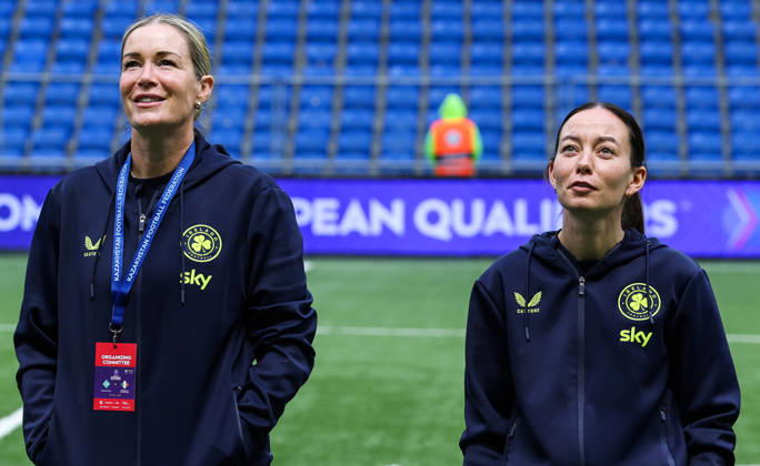 2027 FIFA Women s World Cup Round One Qualifying Play-off First Leg, Astana Arena, Astana, Kazakhstan 9 10 2026 Kazakhstan vs Republic of Ireland Ireland goalkeeper coach Emma Byrne and assistant coach Amber Whiteley before the game Emma Byrne and Amber Whiteley before the game 9 10 2026 Copyright: xx BSNK6480