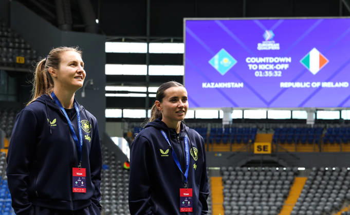 2027 FIFA Women s World Cup Round One Qualifying Play-off First Leg, Astana Arena, Astana, Kazakhstan 9 10 2026 Kazakhstan vs Republic of Ireland Ireland™s Kyra Carusa and Chloe Mustaki before the game Kyra Carusa and Chloe Mustaki before the game 9 10 2026 Copyright: xx BSNK6510