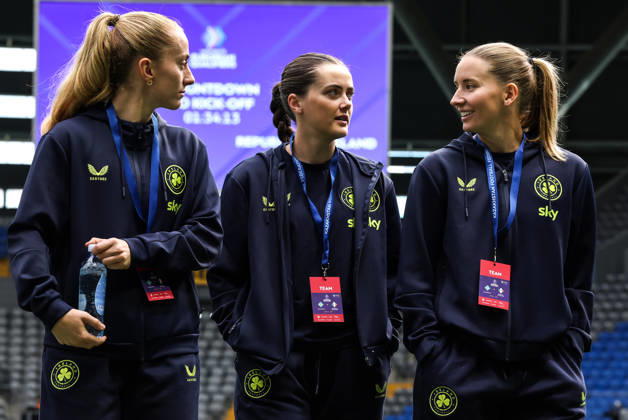 2027 FIFA Women s World Cup Round One Qualifying Play-off First Leg, Astana Arena, Astana, Kazakhstan 9 10 2026 Kazakhstan vs Republic of Ireland Ireland™s Aoibheann Clancy, Tyler Toland and Sophie Whitehouse before the game Aoibheann Clancy, Tyler Toland and Sophie Whitehouse before the game 9 10 2026 Copyright: xx BSNK6517