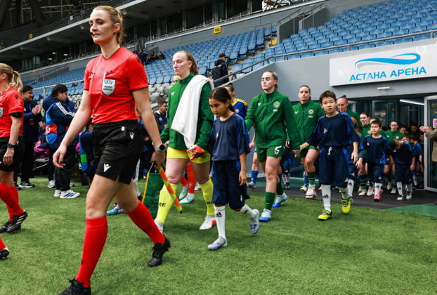 2027 FIFA Women s World Cup Round One Qualifying Play-off First Leg, Astana Arena, Astana, Kazakhstan 9 10 2026 Kazakhstan vs Republic of Ireland Ireland™s Kyra Carusa leads her team out before the game Kyra Carusa leads her team out before the game 9 10 2026 Copyright: xx BASN3277