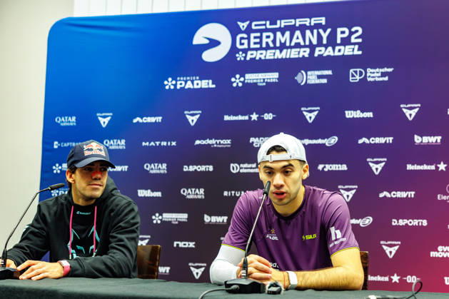 DÜSSELDORF, GERMANY - 9 OCTOBER 2026: Image shows press conference, PK, Pressekonferenz with Juan Lebron (ESP) and Leandro Roman Augsburger (ARG) during CUPRA Germany Premier Padel P2 2026 Day 6: Quarterfinals at CASTELLO Düsseldorf on 9 10 2026 in Düsseldorf, Germany. Germany Copyright: xFröhlichxPascalx