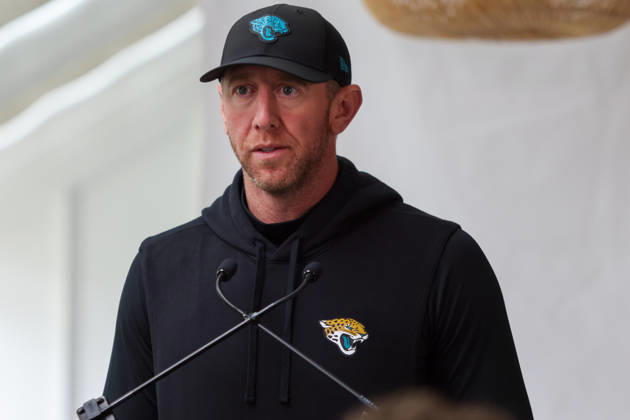 CHADLER’S CROSS, ENGLAND - October 9th: Head Coach Liam Coan of the Jacksonville Jaguars ding a Q&A media session during the Jacksonville Jaguars training session at The Grove on October 9, 2026 in Chandler’s Cross, England on October 9th 2026, in Hertfordshire England. Copyright: xPhillipxRockerx xSPPx Sportspressphoto_SPR249392