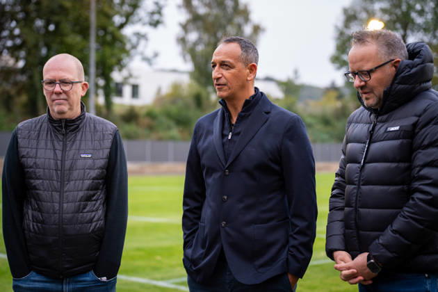 Dr. Dirk Kall, Commercial Managing Director, Alemannia Aachen; Rachid Azzouzi, Sports Director, Alemannia Aachen; and Björn Jansen, Alemannia Aachen, President of TSV Alemannia Aachen: Opening of the new training facility, 2026–2027 season, October 9, 2026, TSV Alemannia Aachen: Opening of the new training facility, 2026–2027 season, October 9, 2026, Aachen Copyright: xEibner-Pressefoto J.xDerondeaux EP_JDU