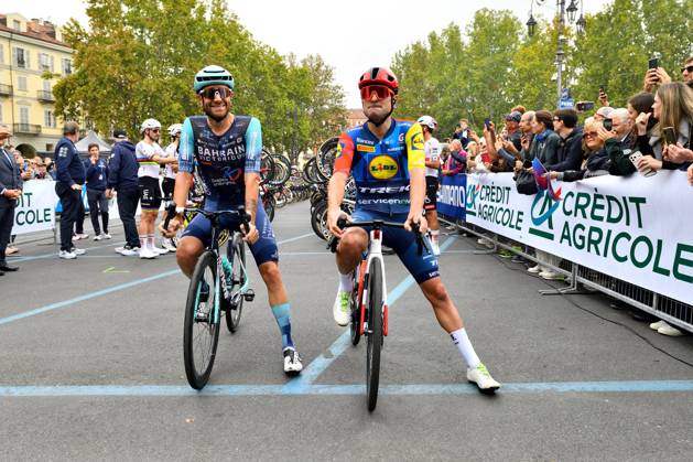IPA89466233 - Jacopo Mosca and Damiano Caruso (ITA) during their lap of honor following their final race as professionals at Il Gran Piemonte 2026, a Road cycling, Rad, Radsport, Strasse race in Aqui Terme, Italy, on October 8, 2026 Copyright: xDavidexVaninetti IPAxSportx xx IPA89466233