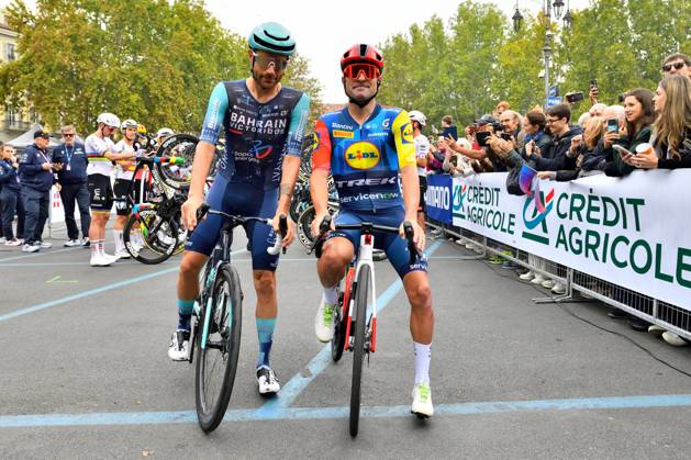 IPA89466242 - Jacopo Mosca and Damiano Caruso (ITA) during their lap of honor following their final race as professionals at Il Gran Piemonte 2026, a Road cycling, Rad, Radsport, Strasse race in Aqui Terme, Italy, on October 8, 2026 Copyright: xDavidexVaninetti IPAxSportx xx IPA89466242